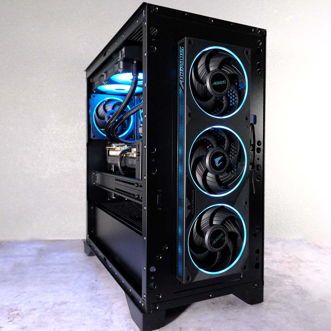 A front view of the Gigabyte Aorus Prime 5, its front panel removed.