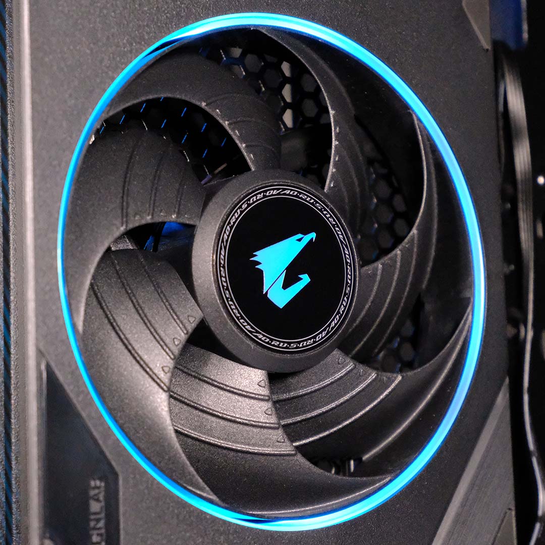 A close-up of one of the intake fans inside the Gigabyte Aorus Prime 5.