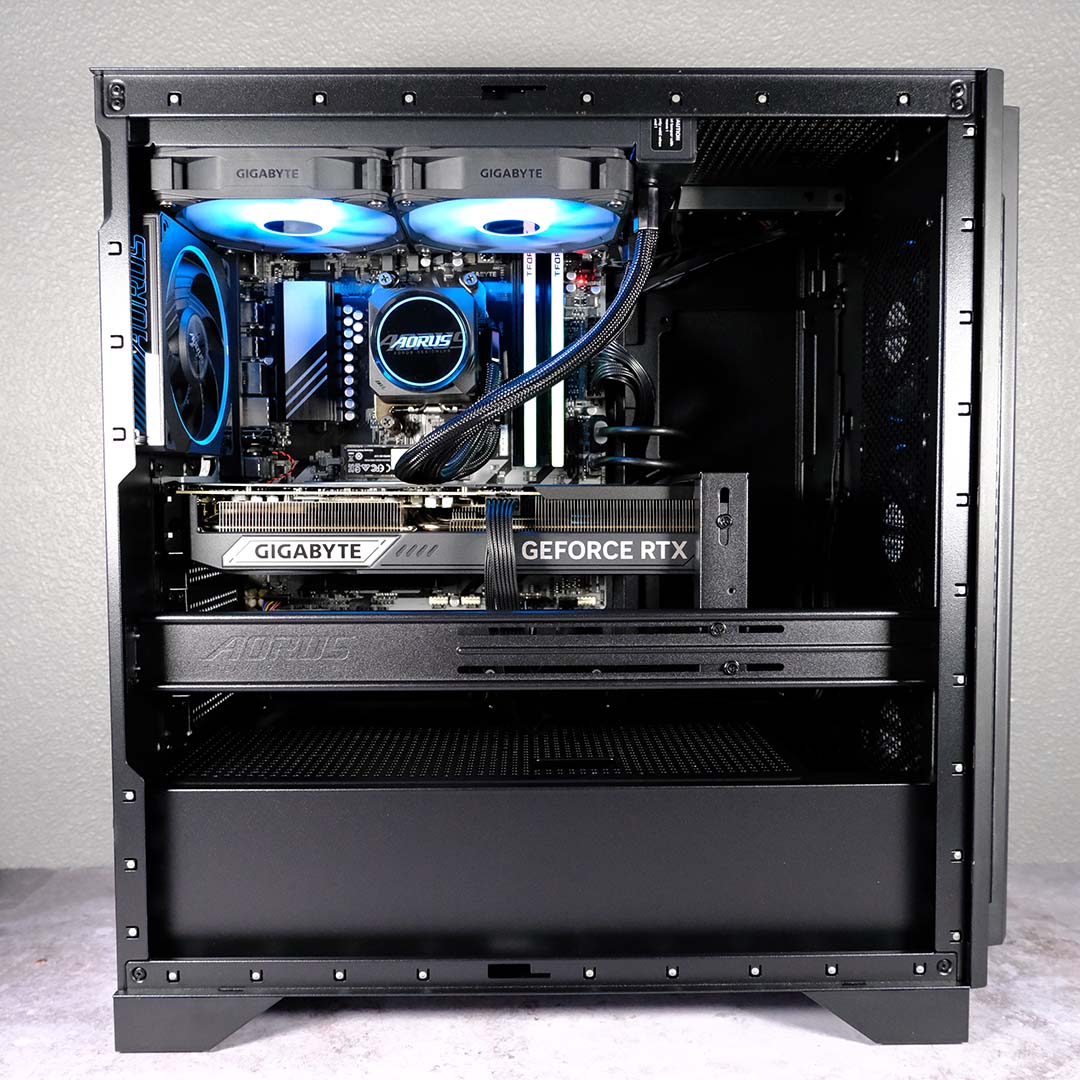 A wide shot of the Gigabyte Aorus Prime 5, from the side, panel removed.