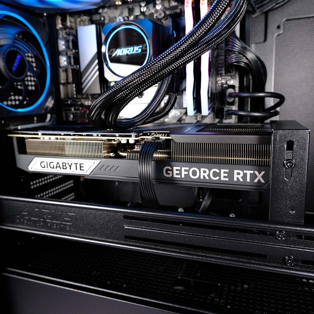 A wide-shot of the graphics card inside the Gigabyte Aorus Prime 5.
