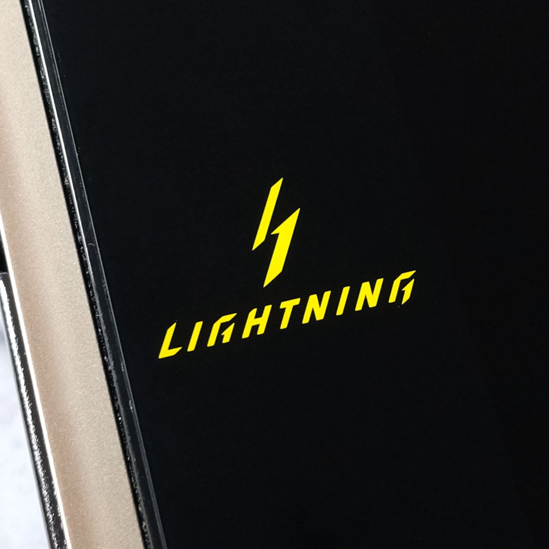 A close-up of the Lightning logo on the MSI GeForce RTX 5090 Lightning Z graphics card.,