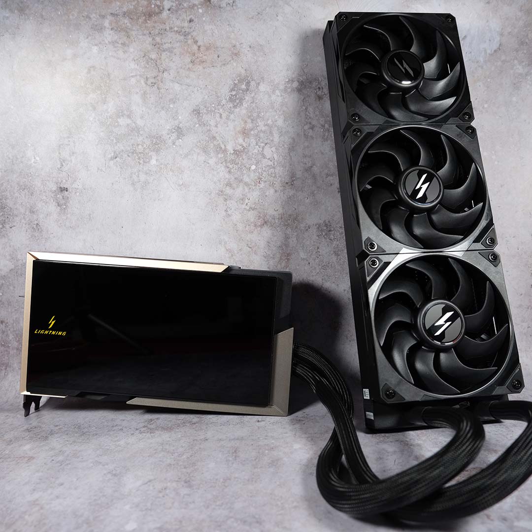 The MSI GeForce RTX 5090 Lightning Z, stood upright (left), next to its 360mm radiator (right).