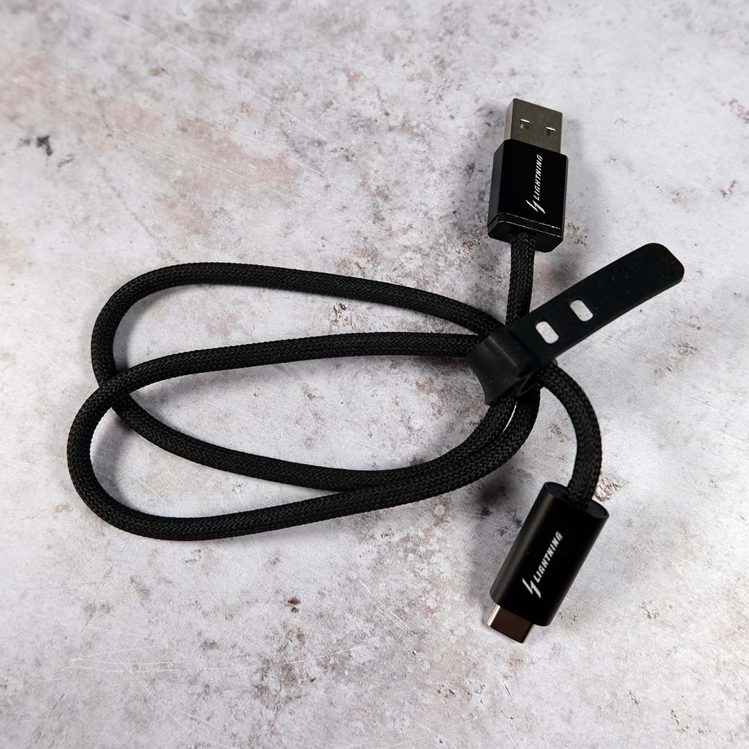 A top-down view of USB cable included with Lightning Z.
