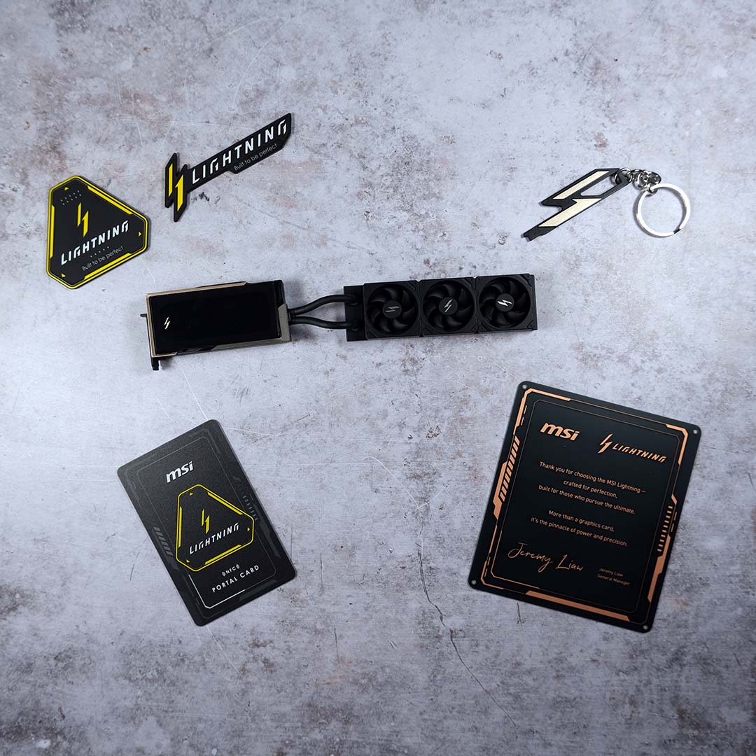 A top-down view of all the accessories that come with the Lightning Z, broken out across a porcelain surface.