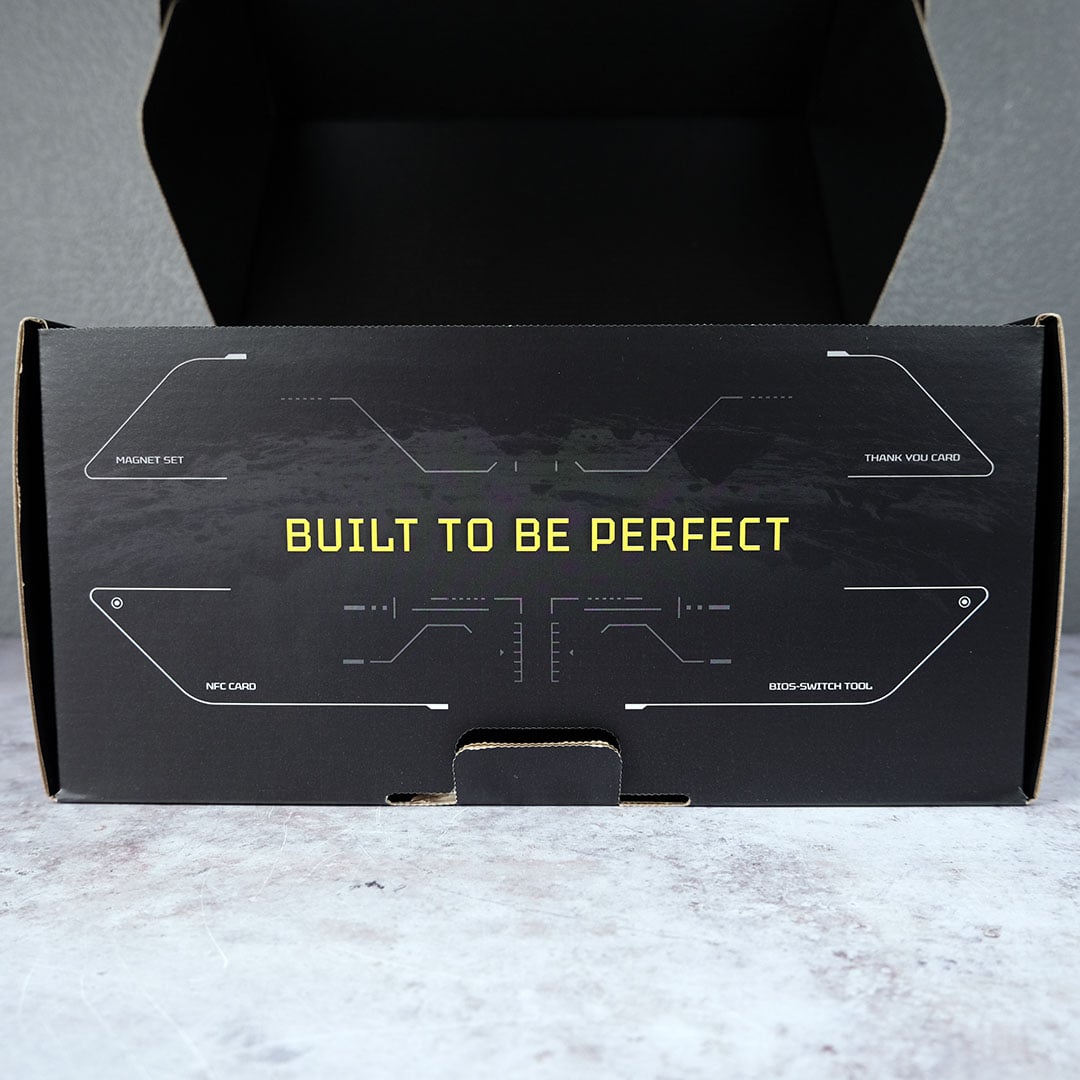 A close-up of the 'Built to be Perfect' slogan on the Lightning Z's accessory box.