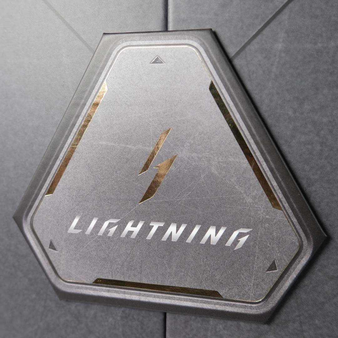 A close-up of the Lightning logo on the Lightning Z packaging.