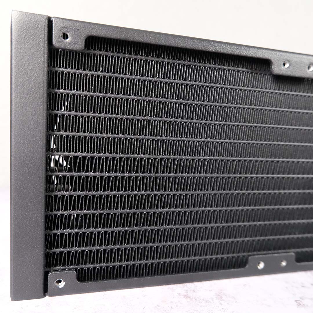 A close-up of the hybrid-fin design on the Lightning Z radiator.