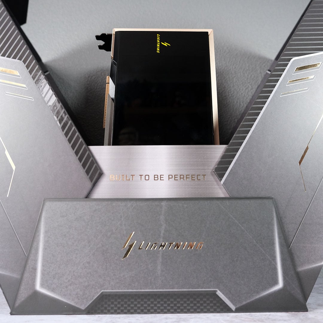 A bottom-up view of the Lightning Z in its packaging.