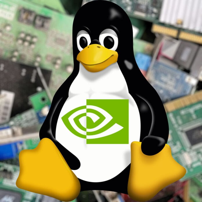 The Linux 'Tux' mascot, with an Nvidia logo on their chest, sitting in front of a blurred background of graphics cards.