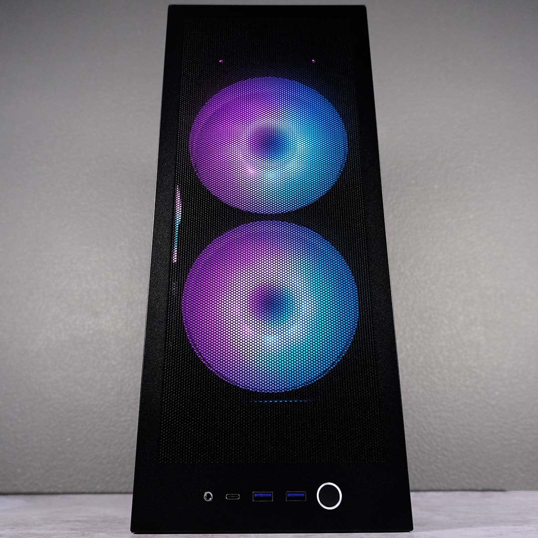 A bottom-up view of the NZXT H2 Flow's front, with two ARGB fans visible through its grilles.