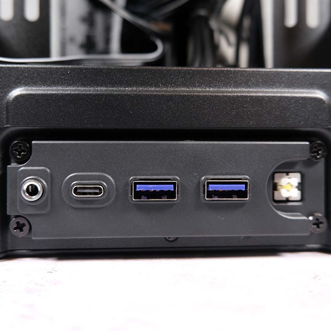 A close-up of the front I/O the NZXT H2 Flow offers.