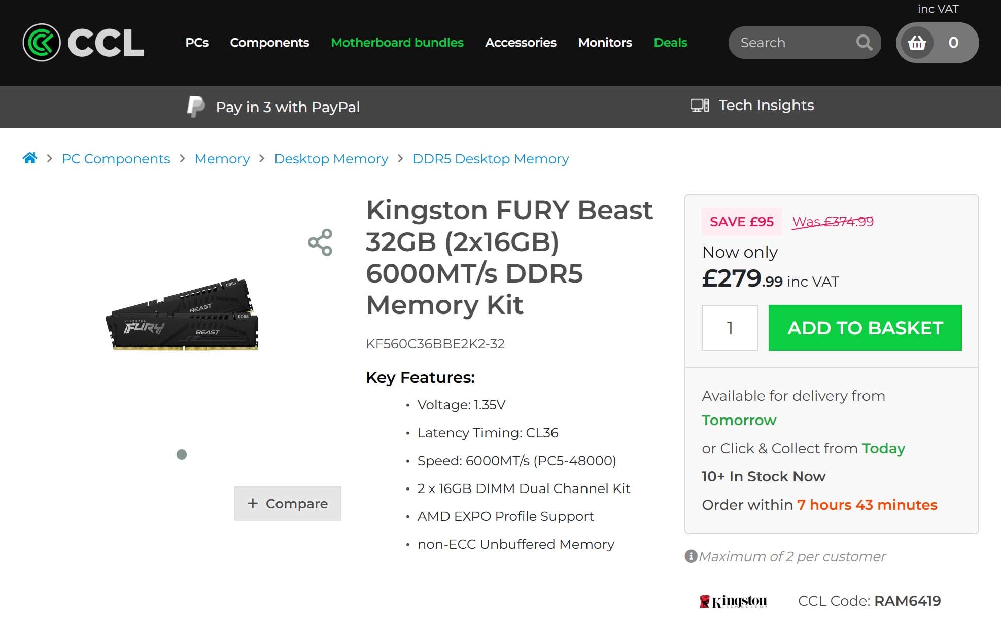 A Kingston Fury Beast 6,000MT/s DDR5 memory kit now costs £279.99, rather than £374.99.