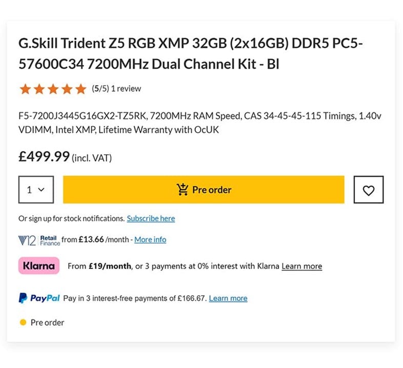32GB G.Skill 7,200MT/s DDR5 priced at £499.99 in December 2025.