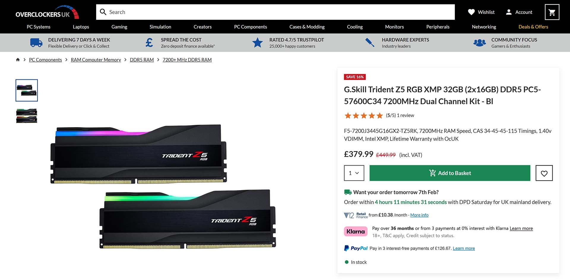 32GB G.Skill 7,200MT/s DDR5 priced at £379.99 in February 2026.