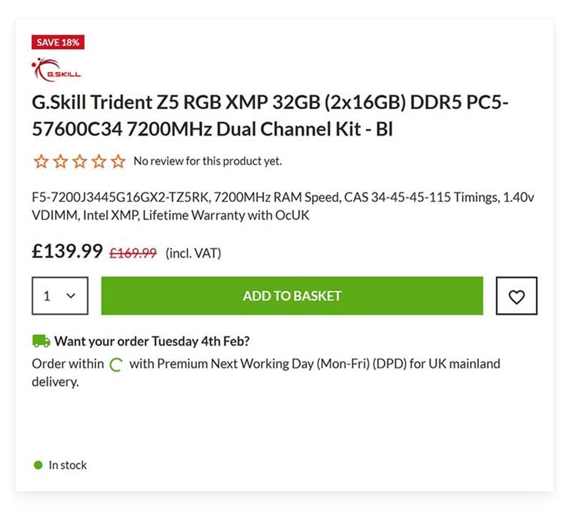 32GB G.Skill 7,200MT/s DDR5 priced at £139.99 at the start of 2025.