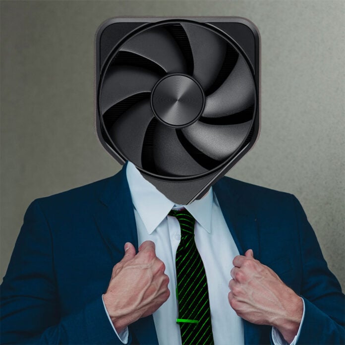 An Nvidia Founders Edition graphics card, wearing a suit and green tie.