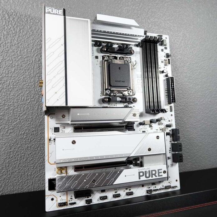 A side-on view of the Sapphire Pure X870A WiFi 7 motherboard.