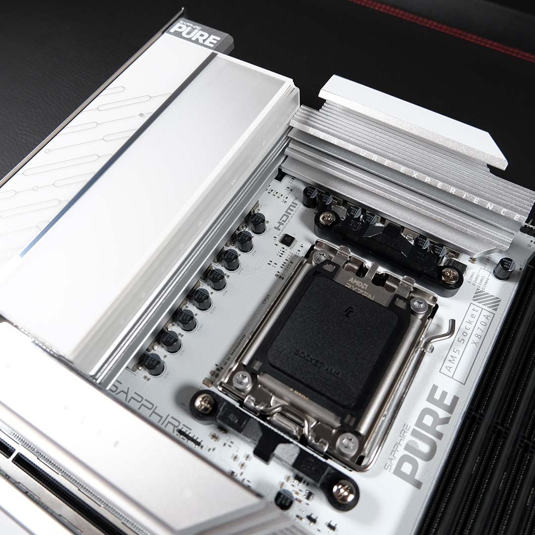 A medium shot of the Sapphire Pure X870A WiFi 7's VRM heatsinks.