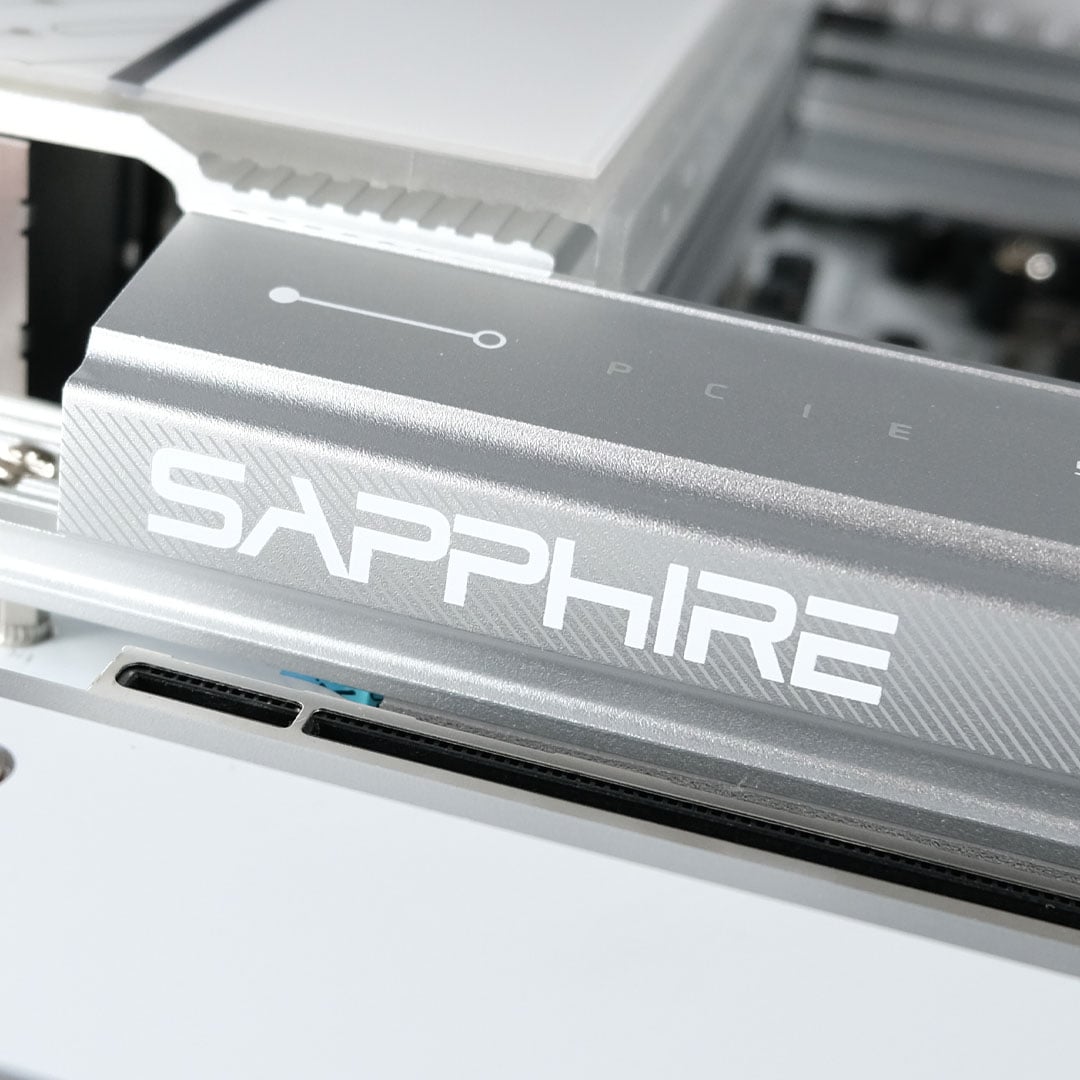 A close-up of the Sapphire logo on the primary M.2 heatsink, found on the Pure X870A WiFi 7 motherboard.