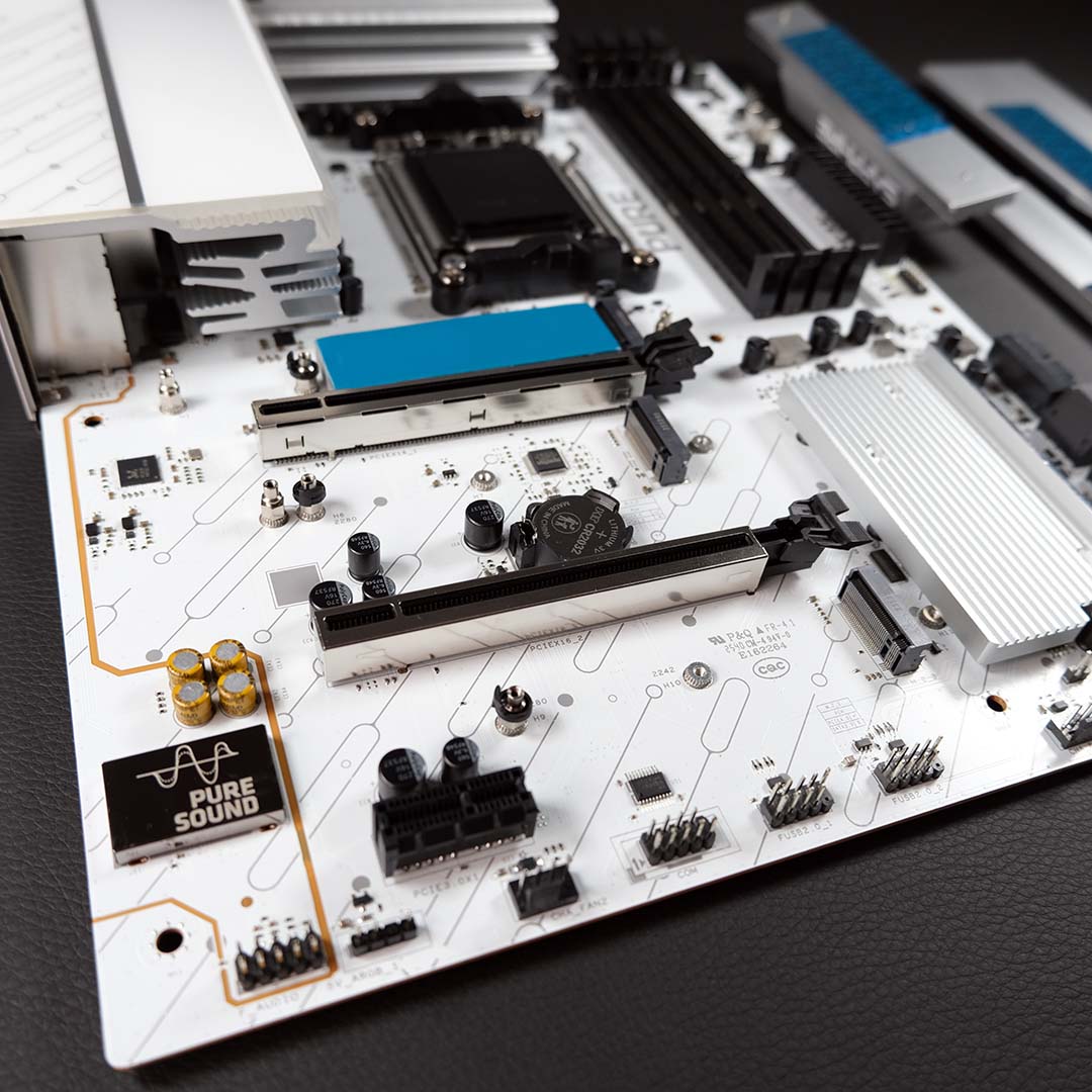 A side-on view of the Sapphire Pure X870A WiFi 7's expansion slots, heatsinks removed