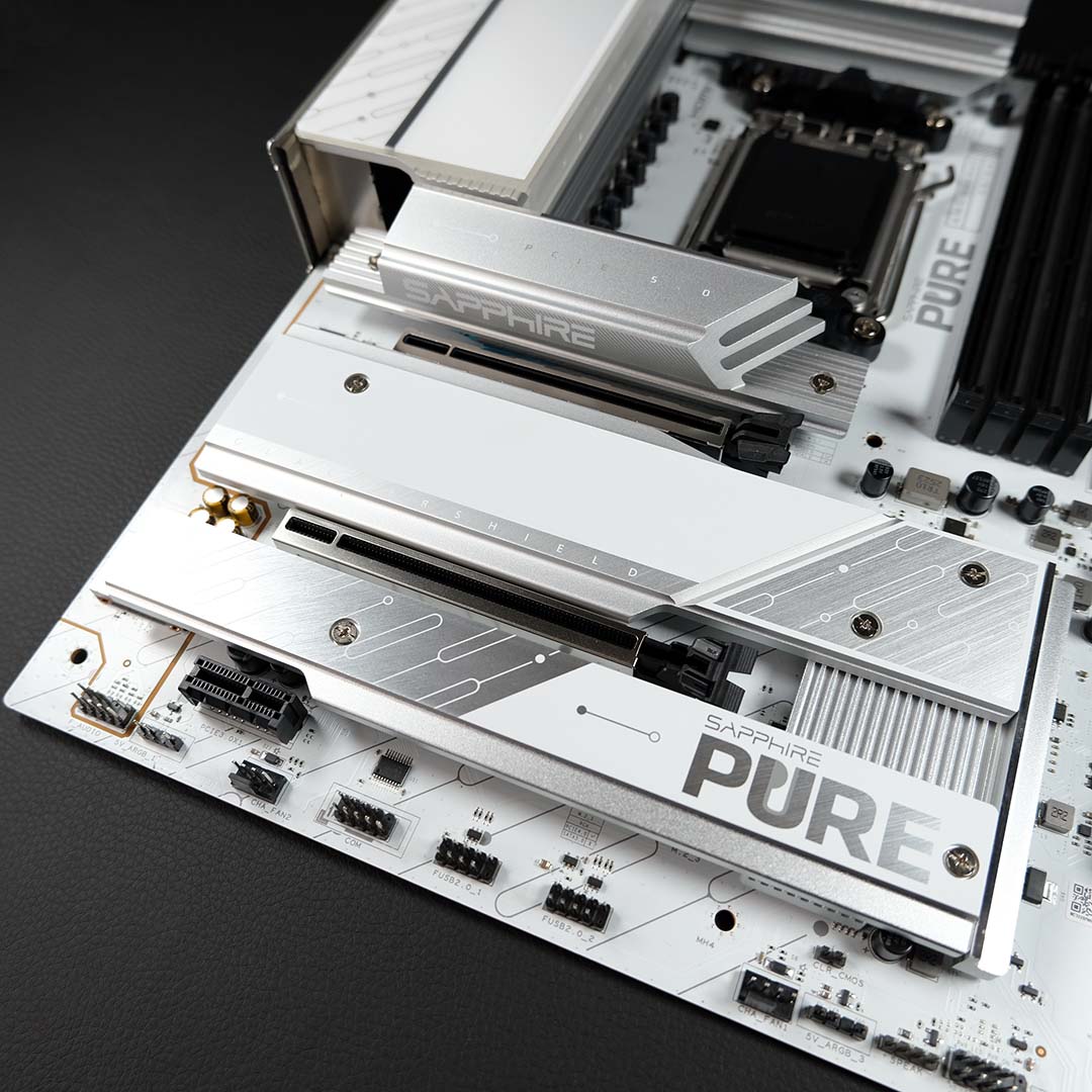 A side-on view of the Sapphire Pure X870A WiFi 7's expansion slots, heatsinks on