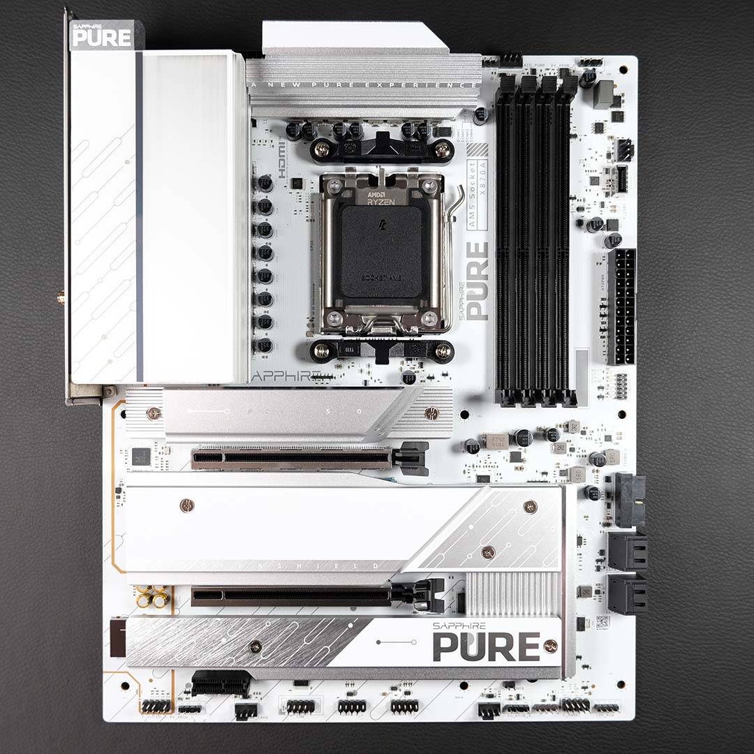 A top-down view of the Sapphire Pure X870A WiFi 7 motherboard.