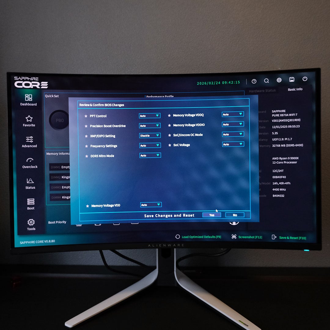 A monitor displaying the Pure X870A WiFi 7's firmware, specifically the change log.