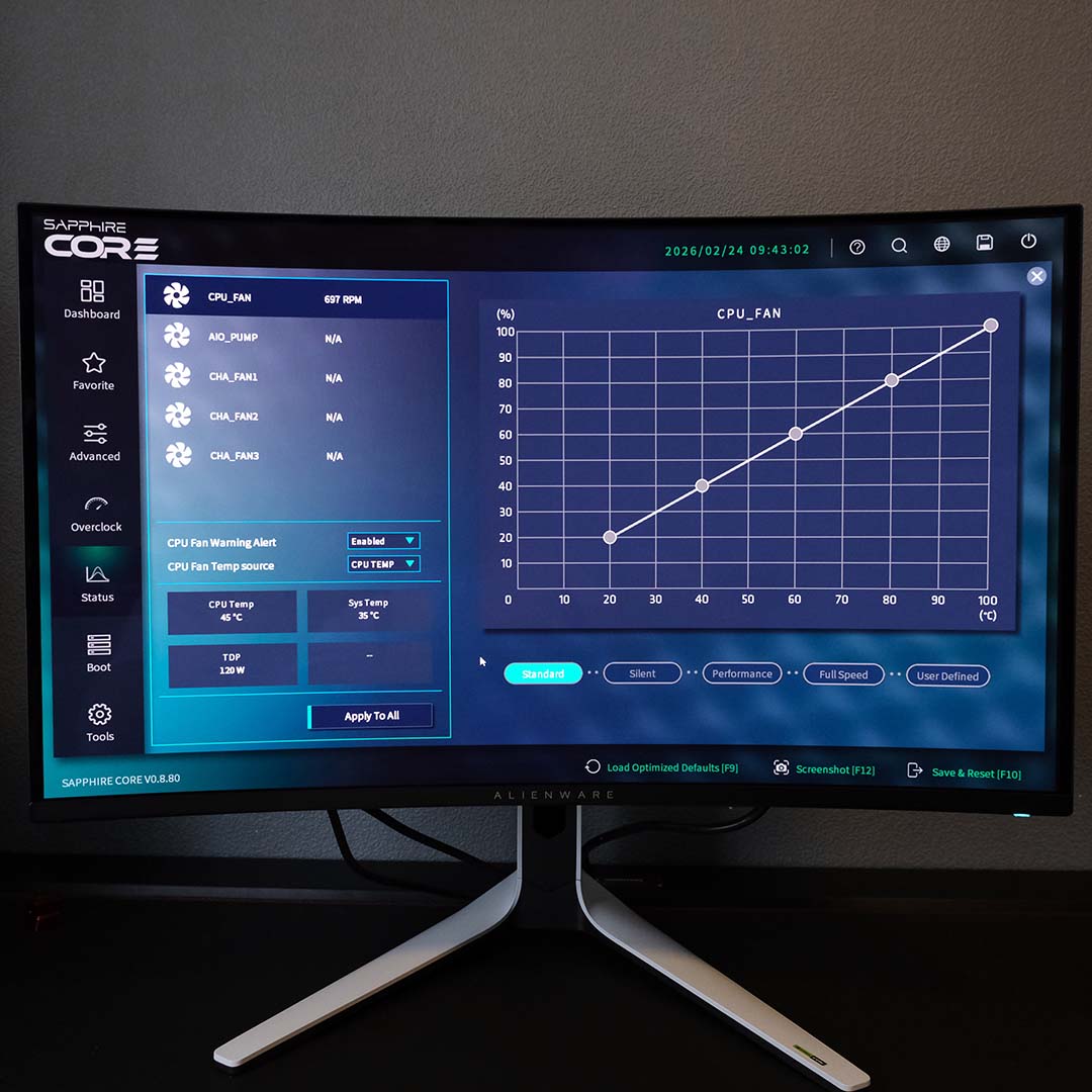 A monitor displaying the Pure X870A WiFi 7's firmware, specifically fan curve controls.