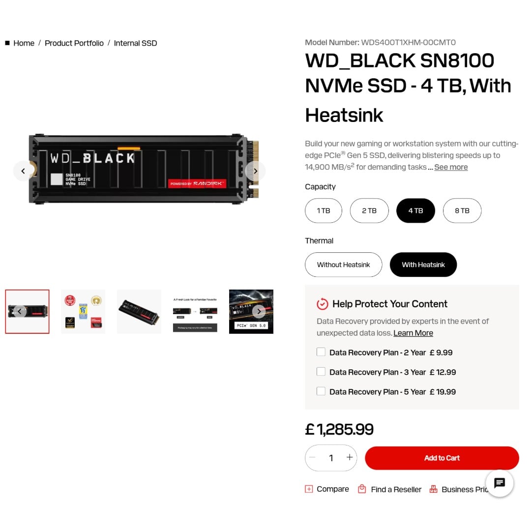 WD_Black SN8100 4TB SSD priced at £1,285.99 on SanDisk's website