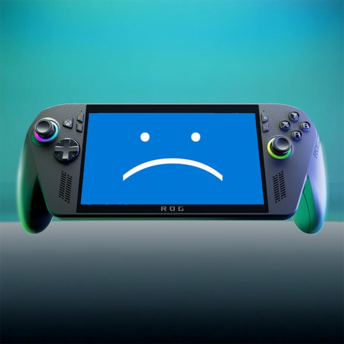 An Xbox ROG Ally X handheld, with a zoomed-in and rotated version of Windows 11's Blue Screen of Death (BSOD), focussing on its frowning face.