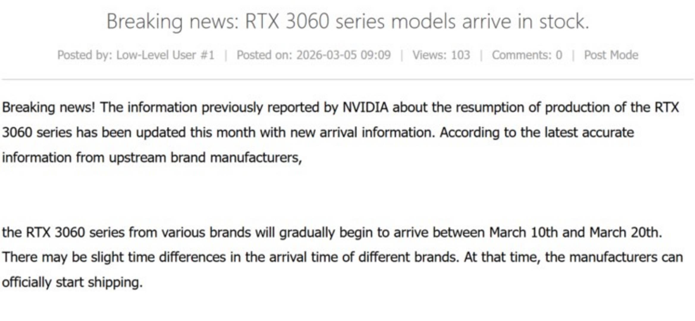 Nvidia RTX 3060 comeback rumour.