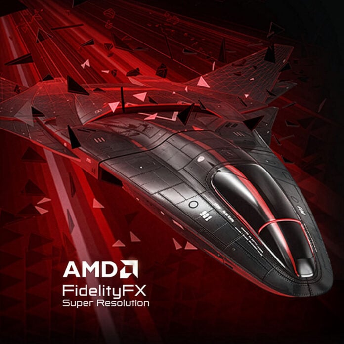 A spaceship crashing through a red backdrop, with 'AMD FidelityFX Super Resolution' appearing below it.