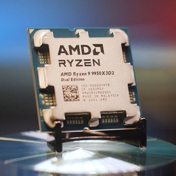 An AMD Ryzen 9 9950X3D2 processor, sat upright.