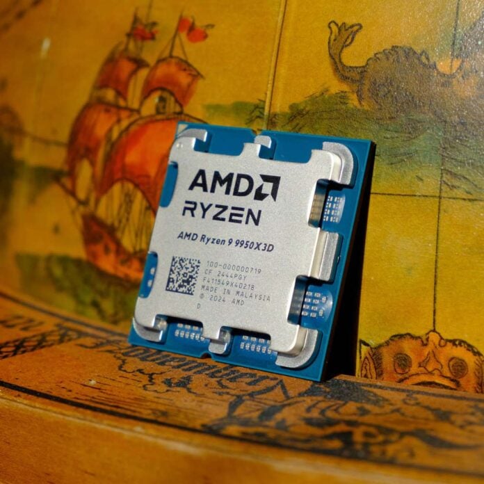 An AMD Ryzen 9 9950X3D resting against a drinks glove.