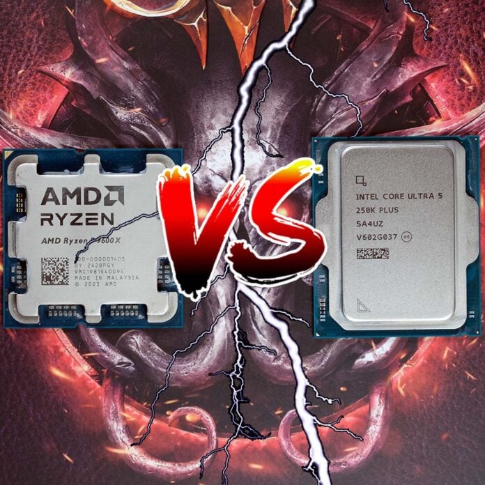 A Ryzen 5 9600X (left) and a Core Ultra 5 250K Plus (right), with a 'VS' sign and lightning appearing between them.
