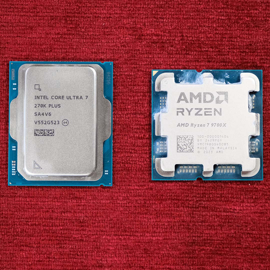 An Intel Core Ultra 7 270K Plus (left) and AMD Ryzen 7 9700X (right) on a red backdrop.