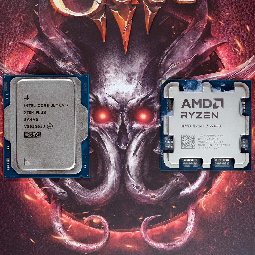 An Intel Core Ultra 7 270K Plus (left) and AMD Ryzen 7 9700X (right) against a grey tentacle face.