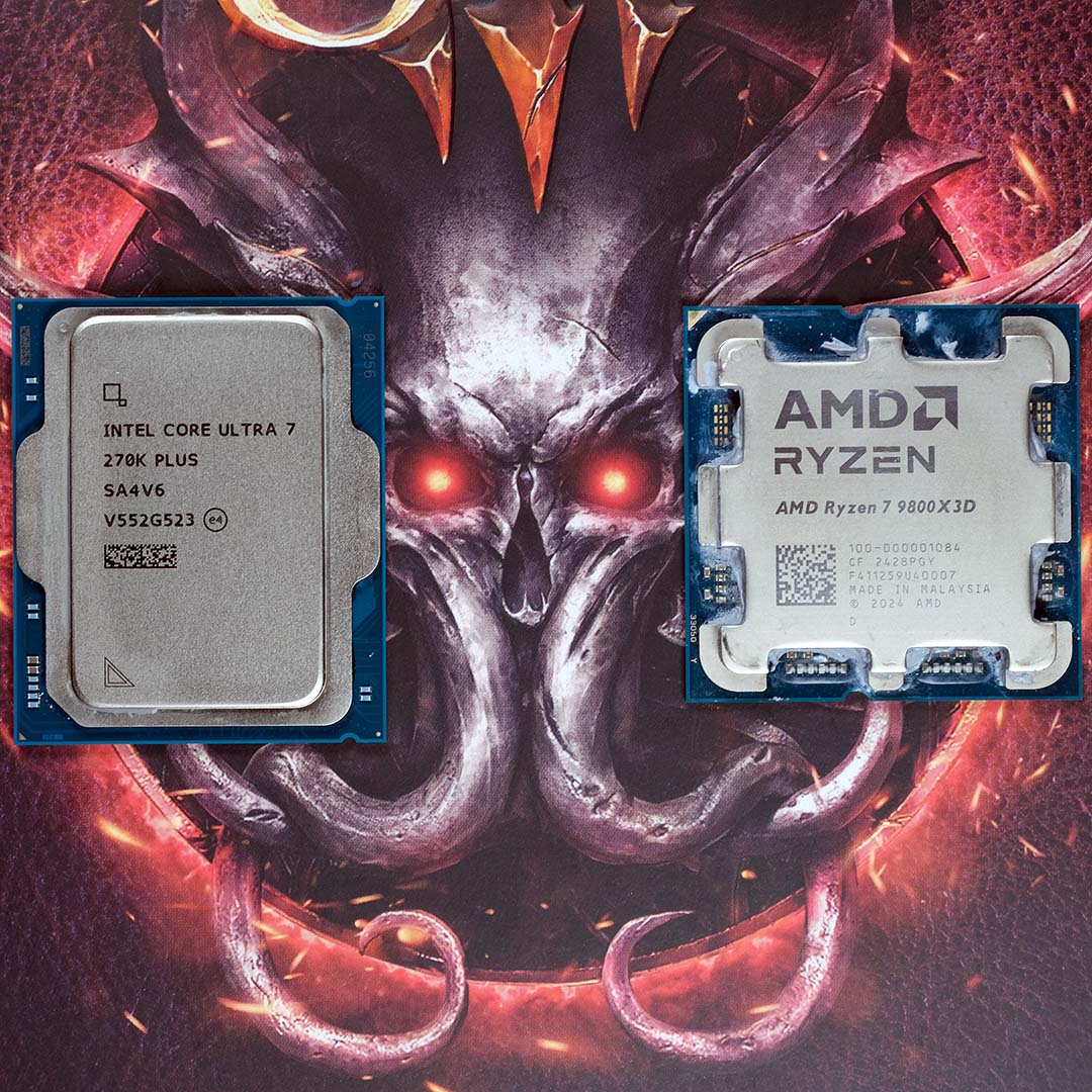 A Core Ultra 7 270K Plus (left) and a Ryzen 7 9800X3D (right) on top of Baldur's Gate 3 box art.