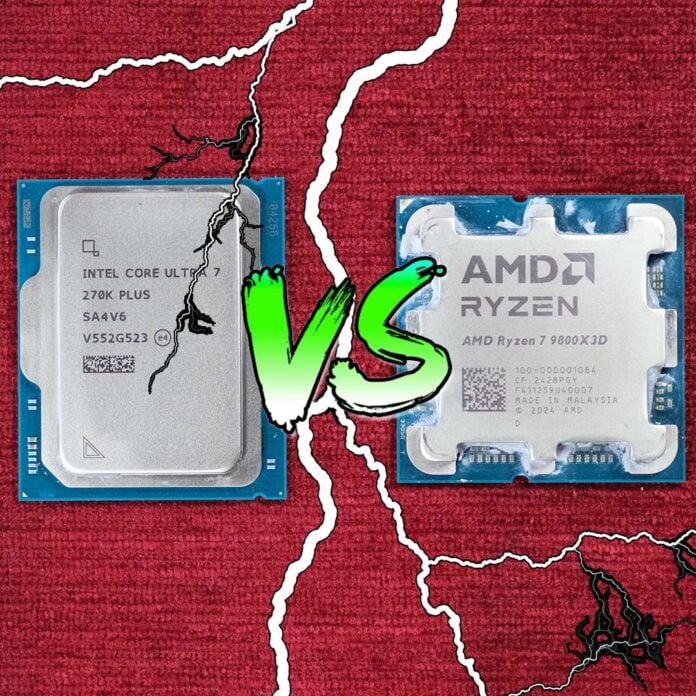 Intel Core Ultra 7 270K Plus (left) and a Ryzen 7 9800X3d (right), separated by a 'VS' sign and lightning.