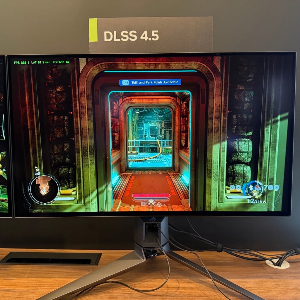 A photo of a monitor running DLSS 4.5 Dynamic Multi Frame Generation.