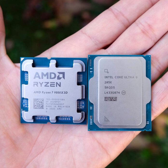 An AMD Ryzen 7 9800X3D (left) and Intel Core Ultra 9 285K (right) in the palm of a hand.