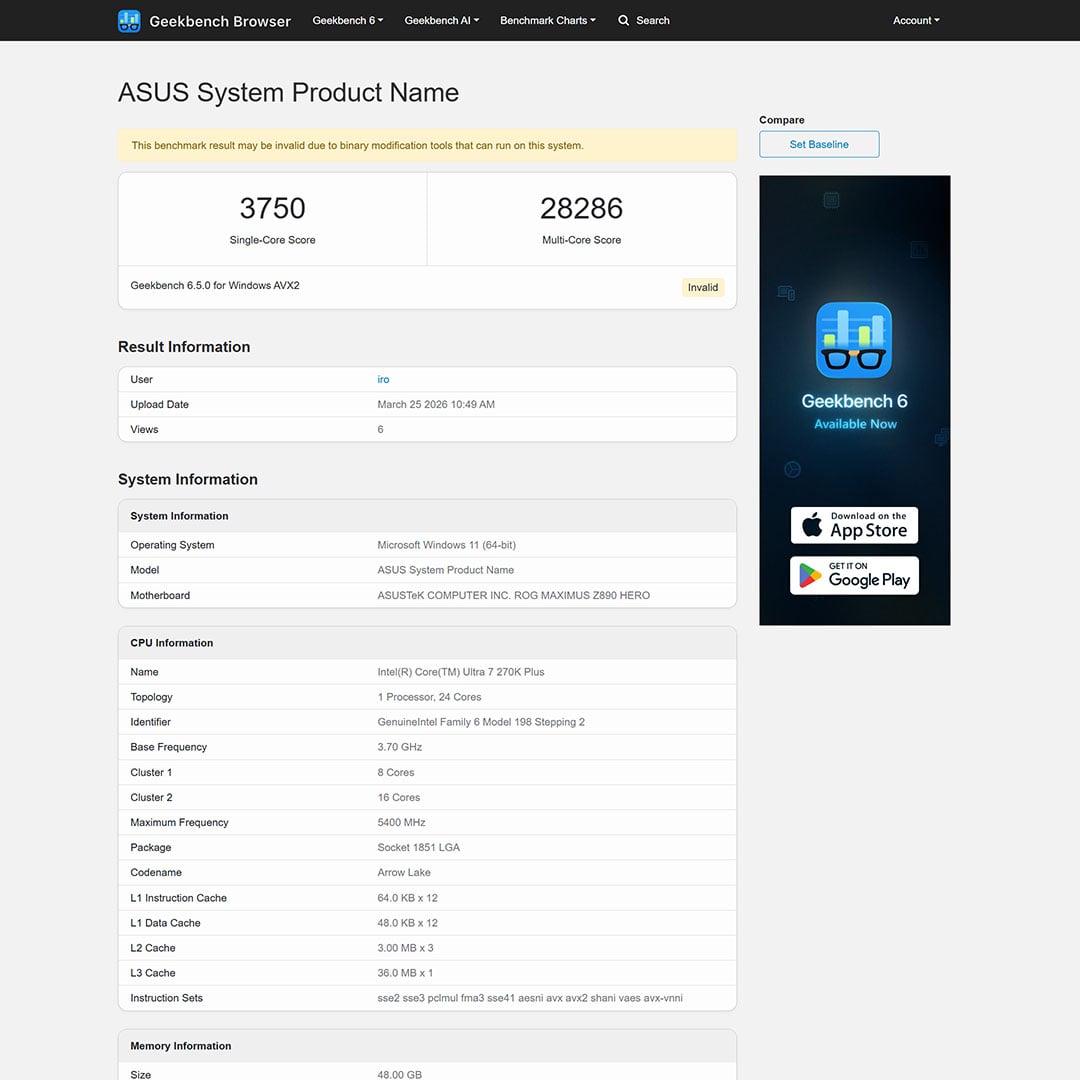 A screenshot of Geekbench 6 results, featuring a Core Ultra 7 270K Plus with an 'invalid' descriptor.