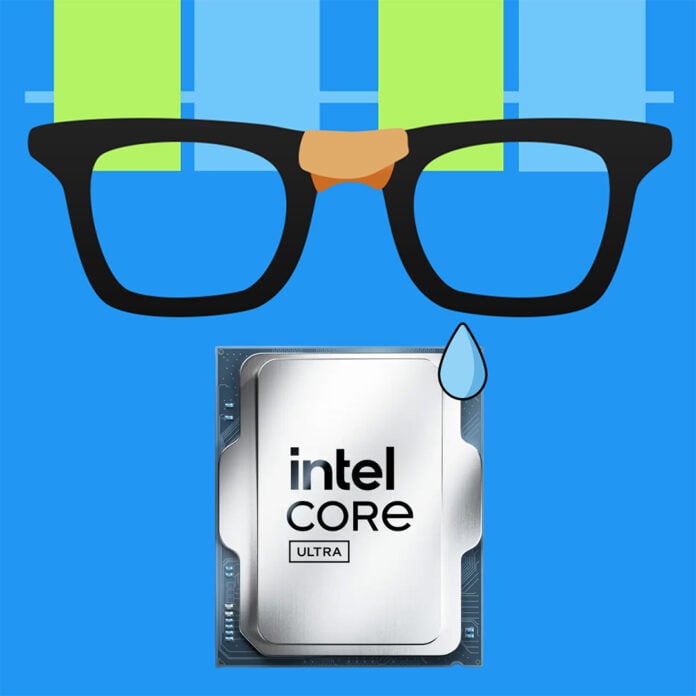 The Geekbench logo (top), looming over an Intel Core Ultra processor (bottom) with a sweat droplet.