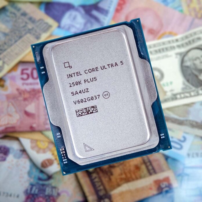 An Intel Core Ultra 5 250K Plus atop a pile of money.