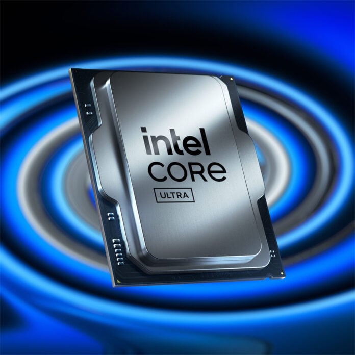An Intel Core Ultra processor, floating against a background silver white spirals.