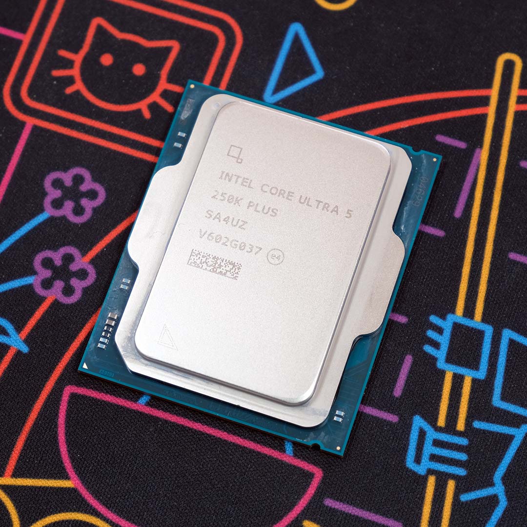 An Intel Core Ultra 5 250K Plus processor on a neon backdrop.