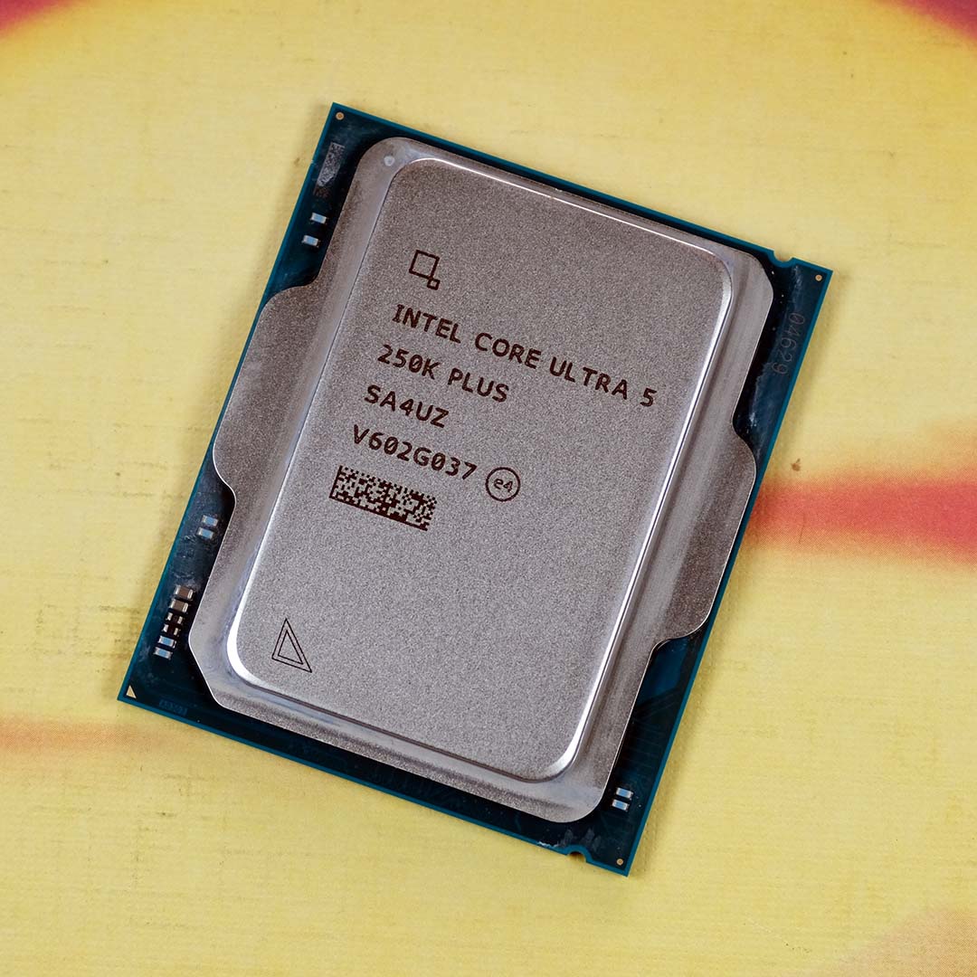 An Intel Core Ultra 5 250K Plus processor atop a red-yellow backdrop.