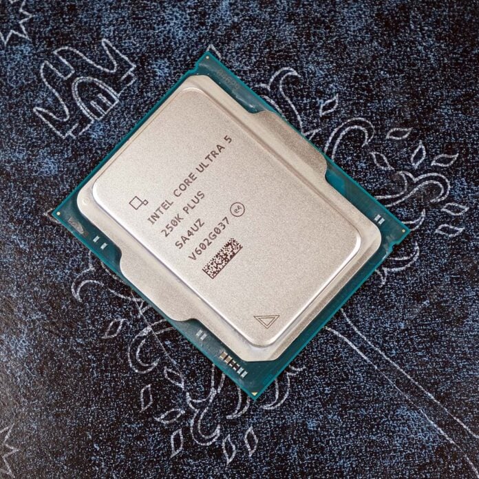 An Intel Core Ultra 5 250K Plus processor atop a tree motif.
