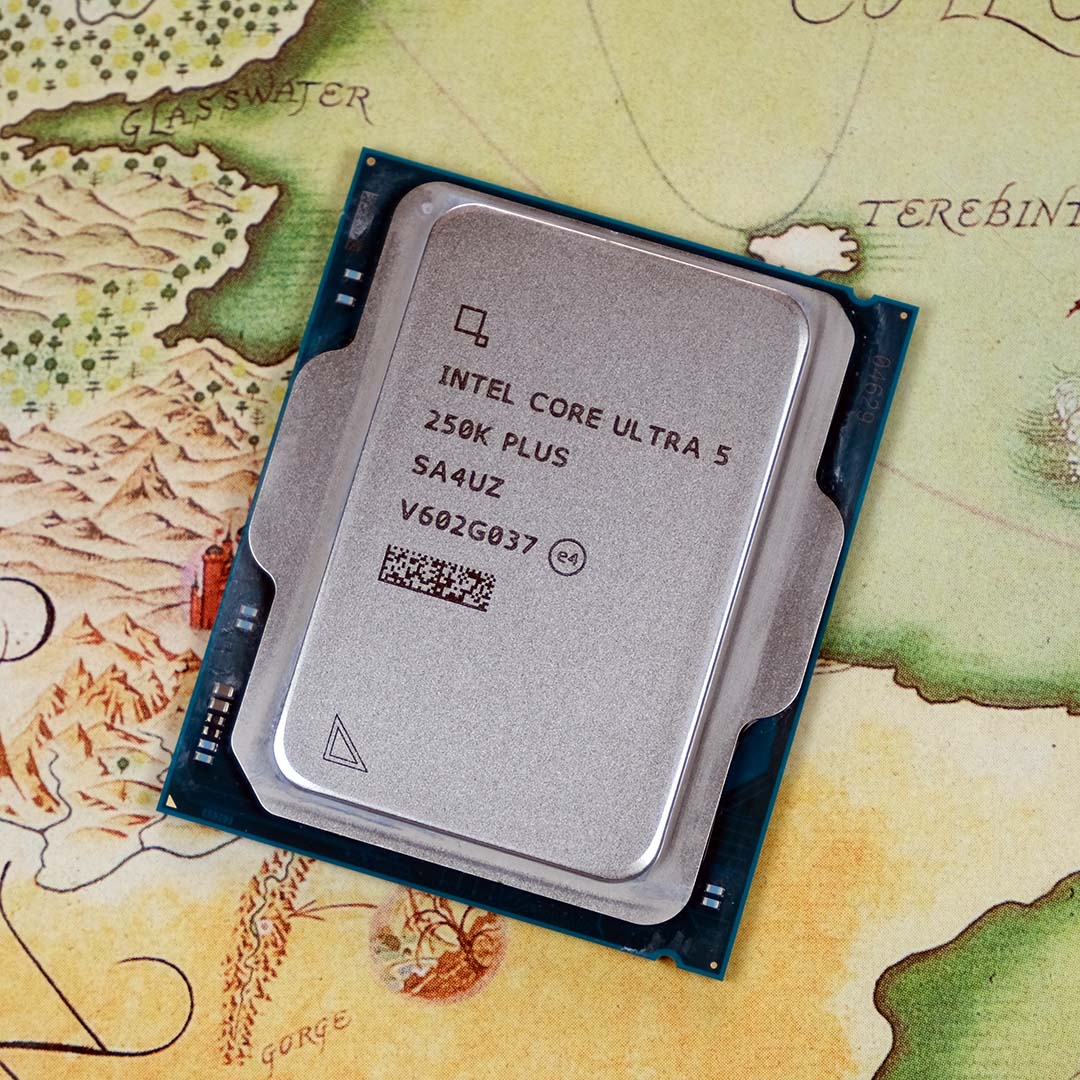 An Intel Core Ultra 5 250K Plus processor atop a map.