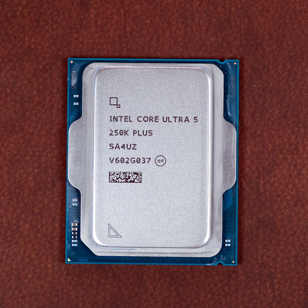An Intel Core Ultra 5 250K Plus processor atop a leather backdrop.